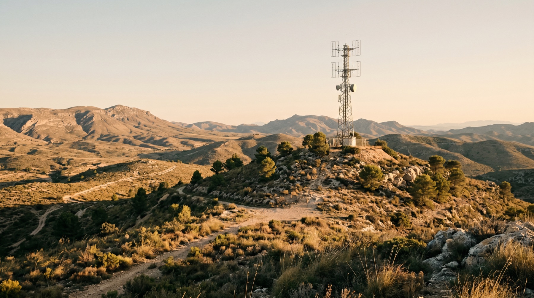 Torre con antena FM en paisaje del Noroeste de Murcia