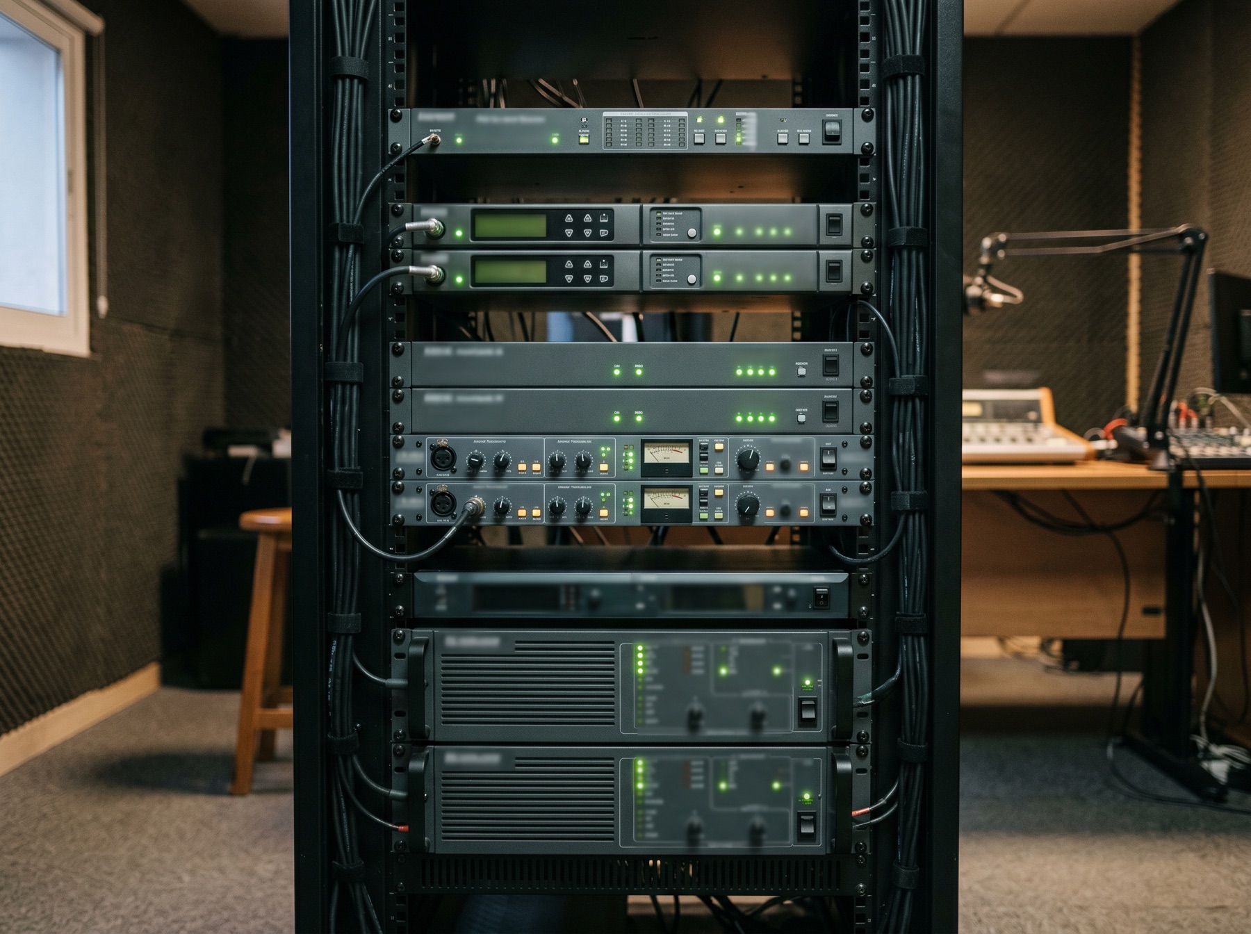 Bastidor con equipos broadcast en mantenimiento